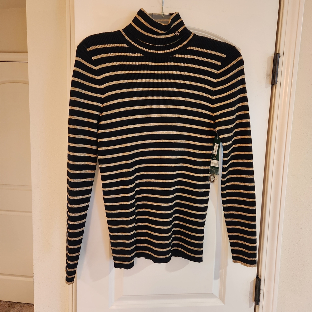 New Ralph Lauren Black and Gold Striped Turtleneck Top